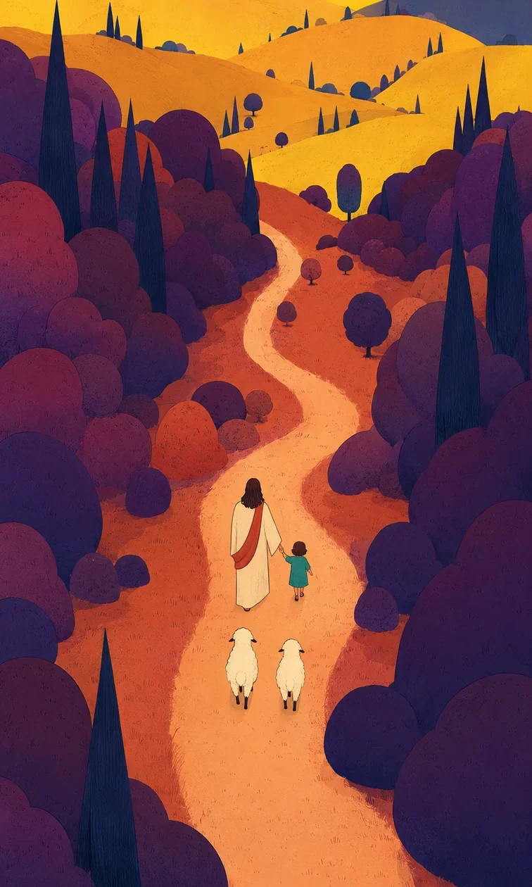 An illustration of Jesus leading children and sheep toward a distant church and pasture (study 4)