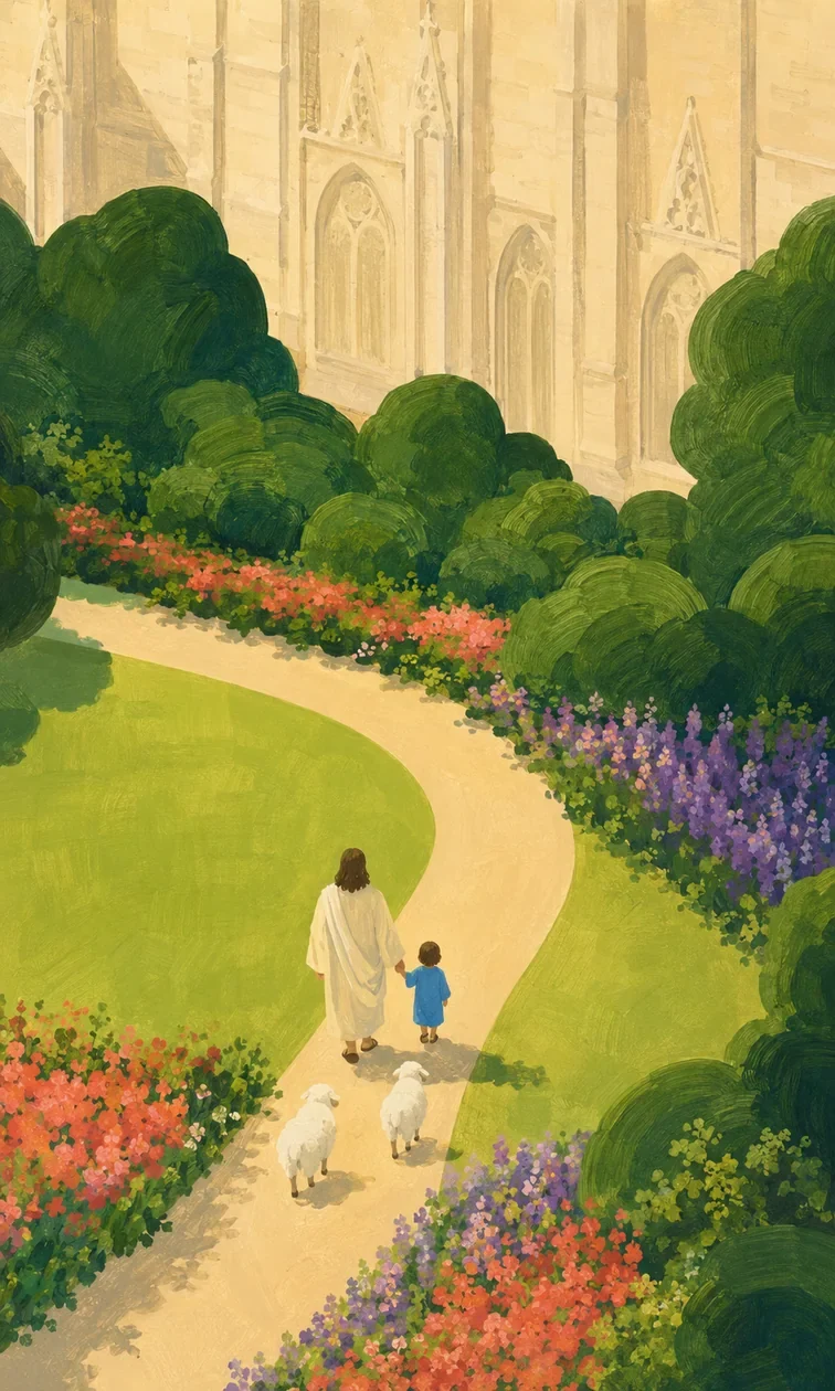 An illustration of Jesus leading children and sheep toward a distant church and pasture (study 1)