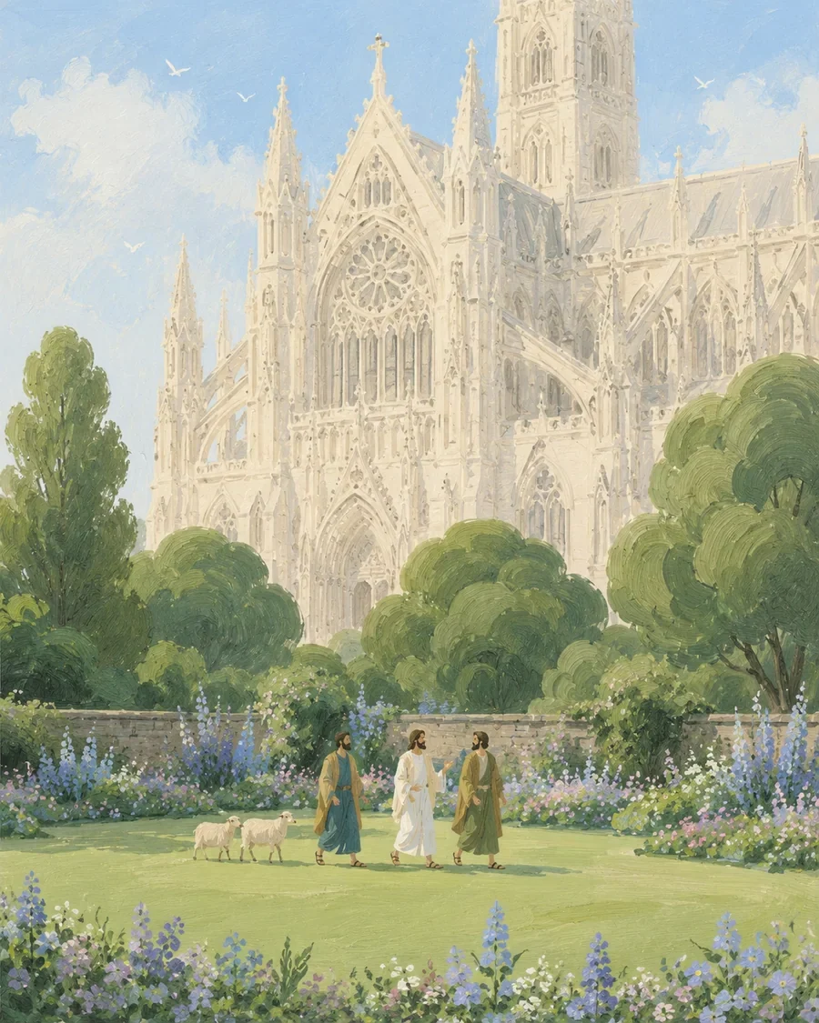 An illustration of Jesus leading children and sheep toward a distant church and pasture (study 6)