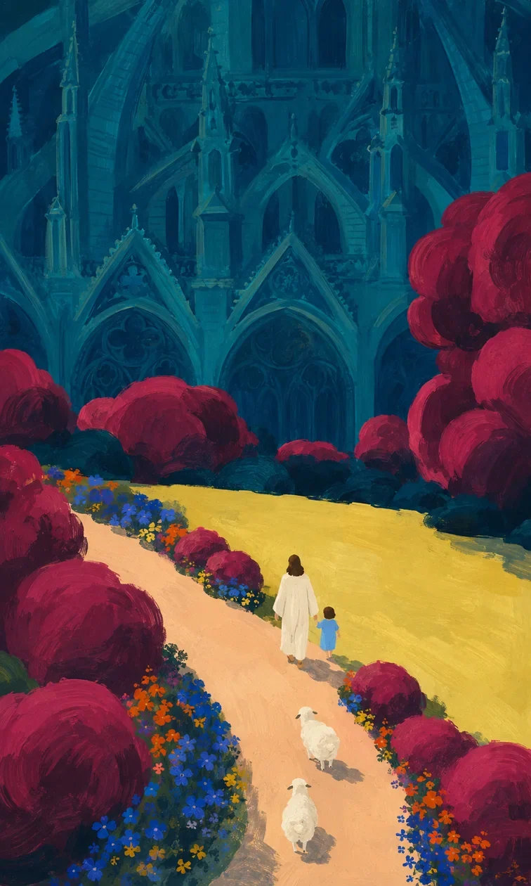 An illustration of Jesus leading children and sheep toward a distant church and pasture (study 3)