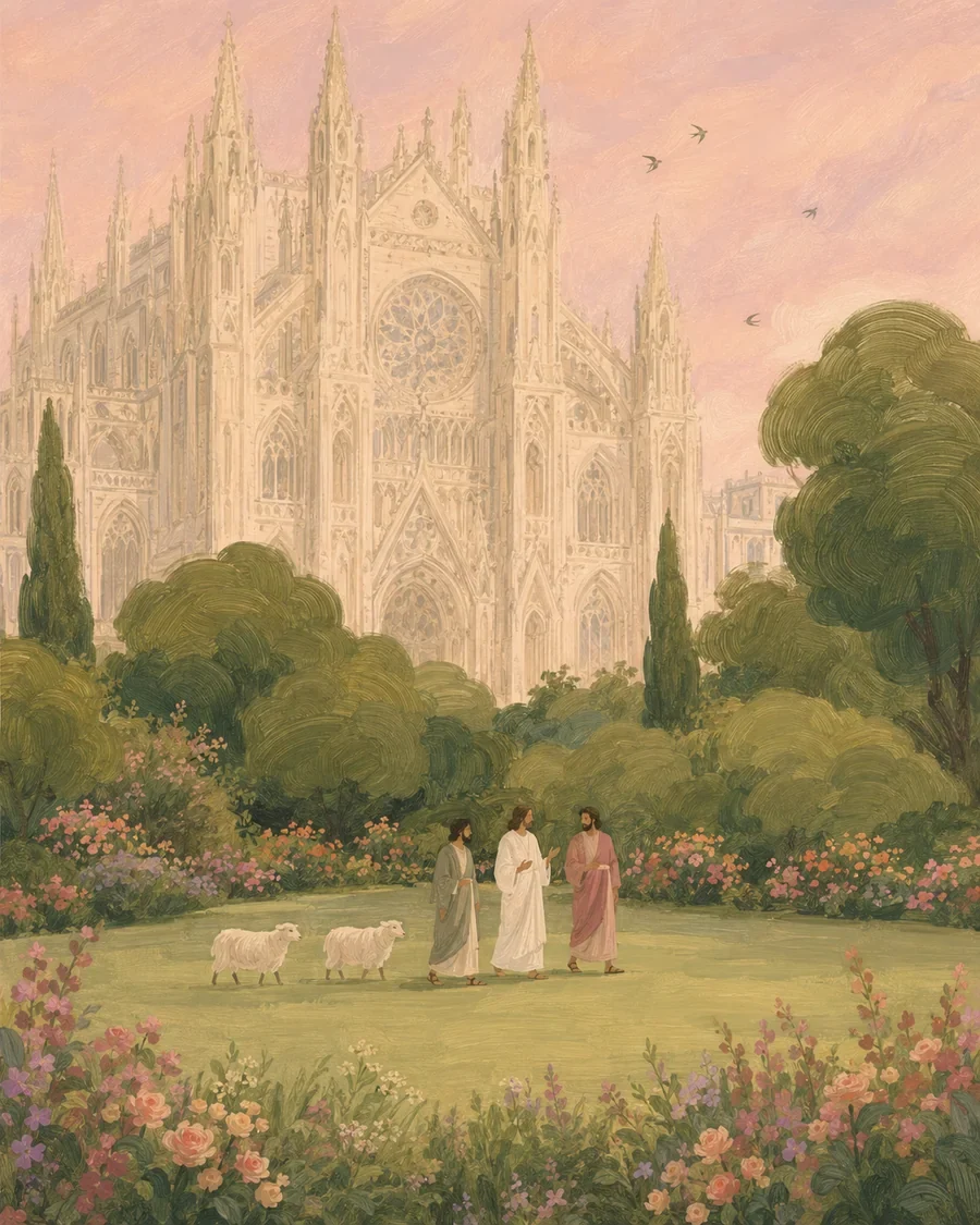 An illustration of Jesus leading children and sheep toward a distant church and pasture (study 7)