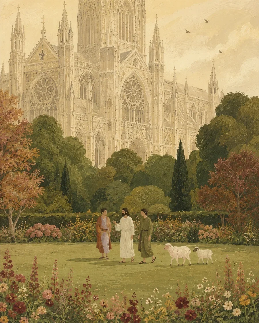 An illustration of Jesus leading children and sheep toward a distant church and pasture (study 10)