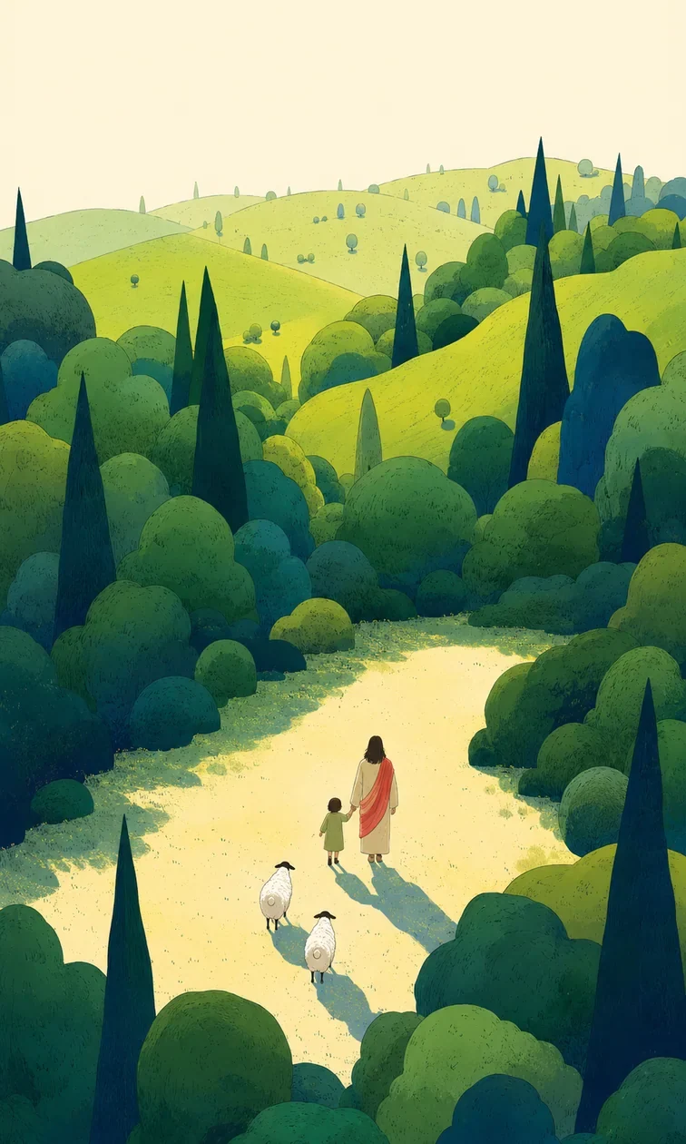 An illustration of Jesus leading children and sheep toward a distant church and pasture (study 2)
