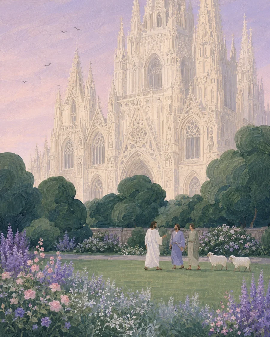 An illustration of Jesus leading children and sheep toward a distant church and pasture (study 9)