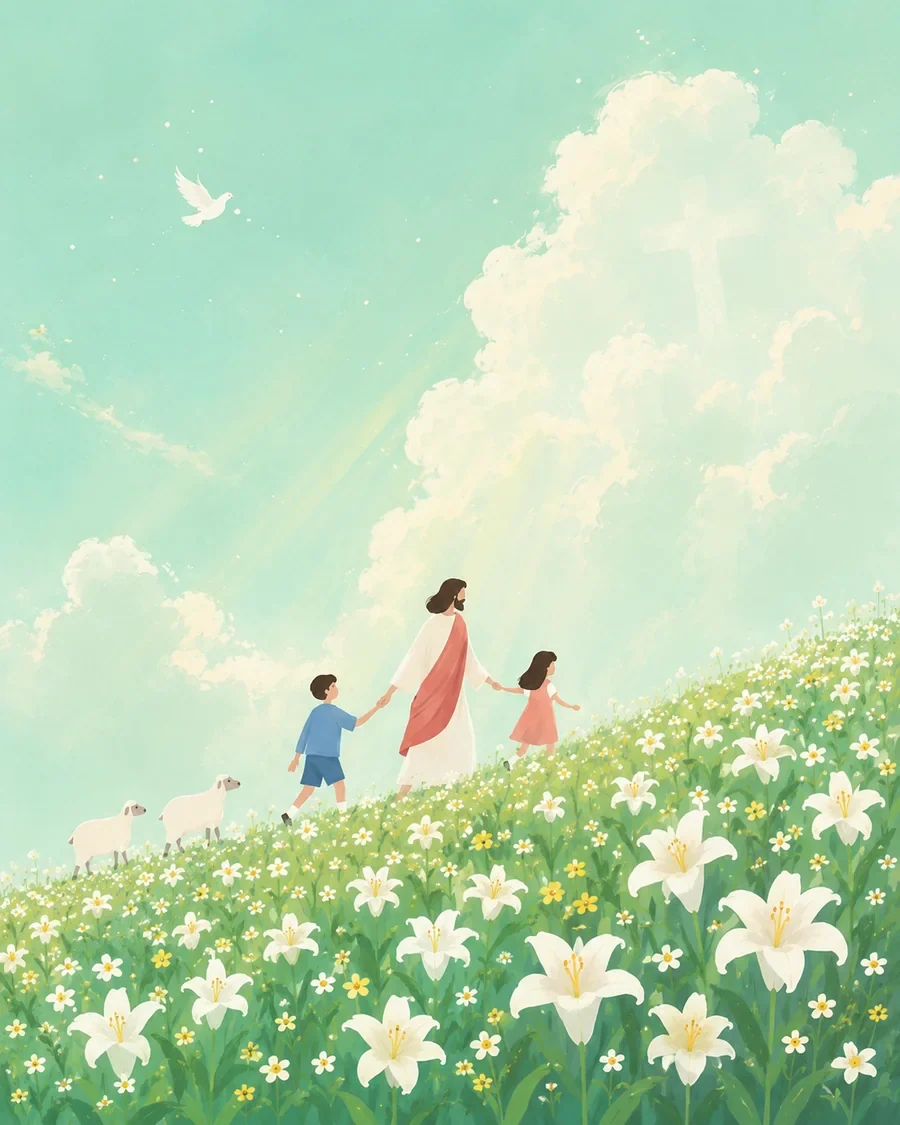耶稣与孩子穿过百合花田,在柔和光线中安息的插画(系列作品 8)