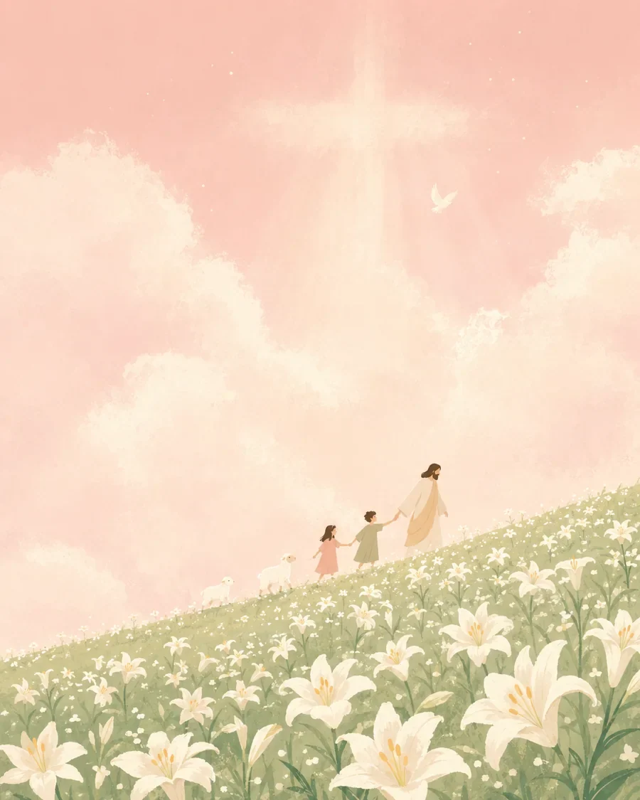 耶稣与孩子穿过百合花田,在柔和光线中安息的插画(系列作品 3)