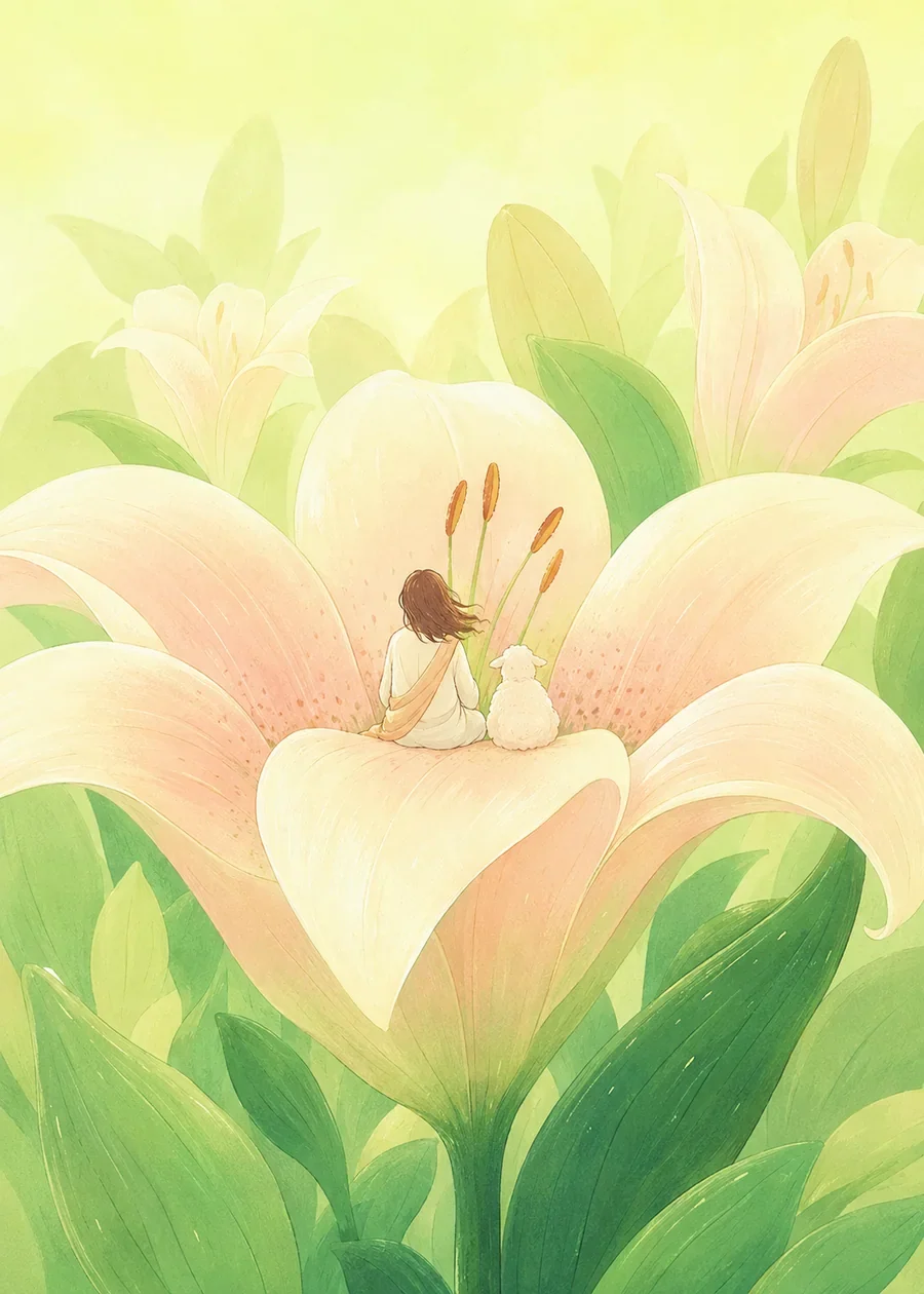耶稣与孩子穿过百合花田,在柔和光线中安息的插画(系列作品 10)