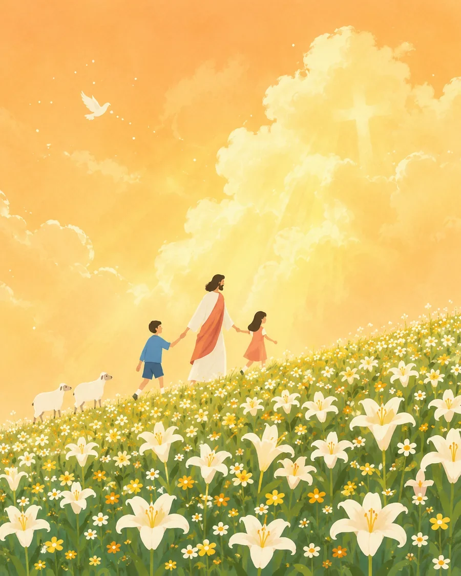 耶稣与孩子穿过百合花田,在柔和光线中安息的插画(系列作品 5)