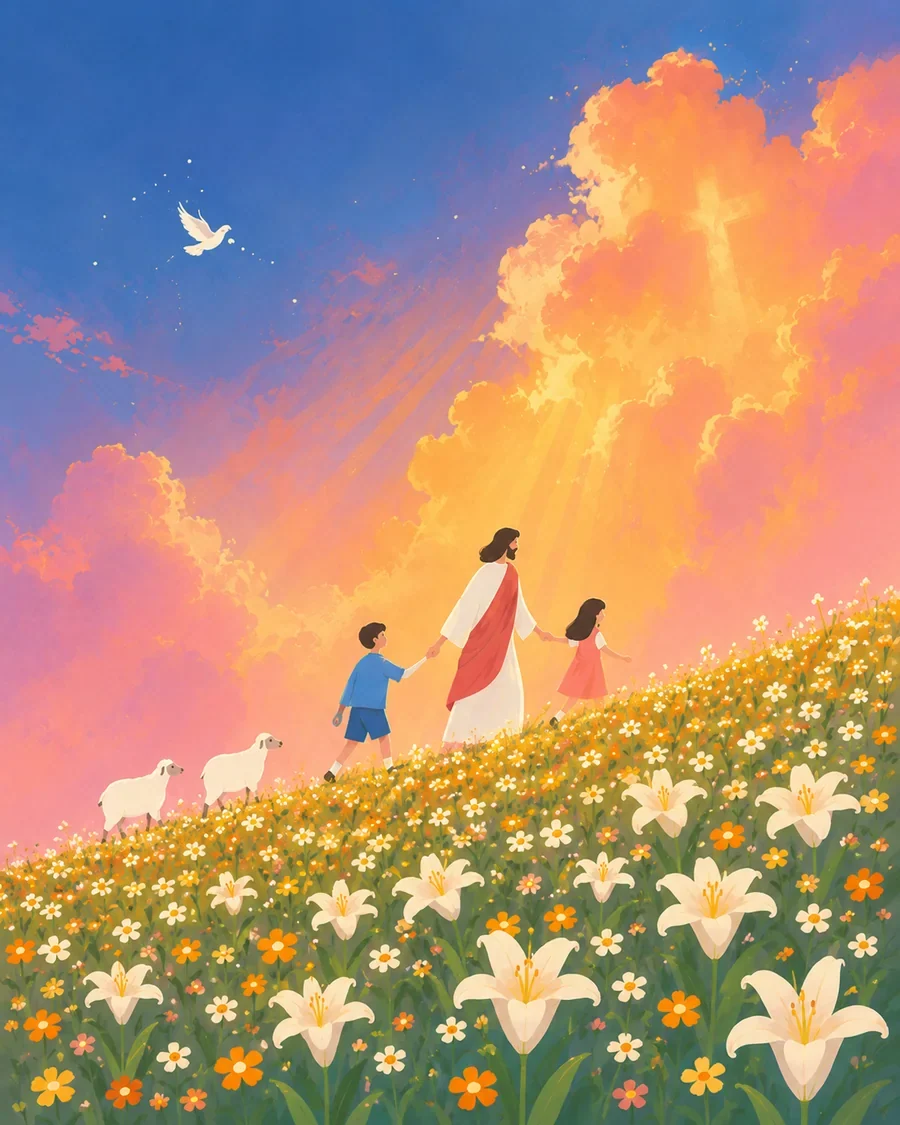 耶稣与孩子穿过百合花田,在柔和光线中安息的插画(系列作品 9)