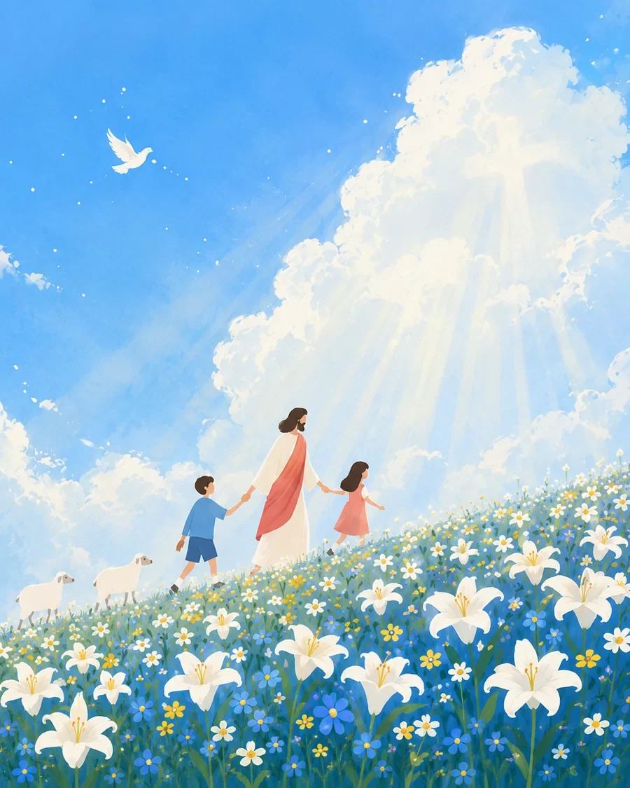 耶稣与孩子穿过百合花田,在柔和光线中安息的插画(系列作品 6)