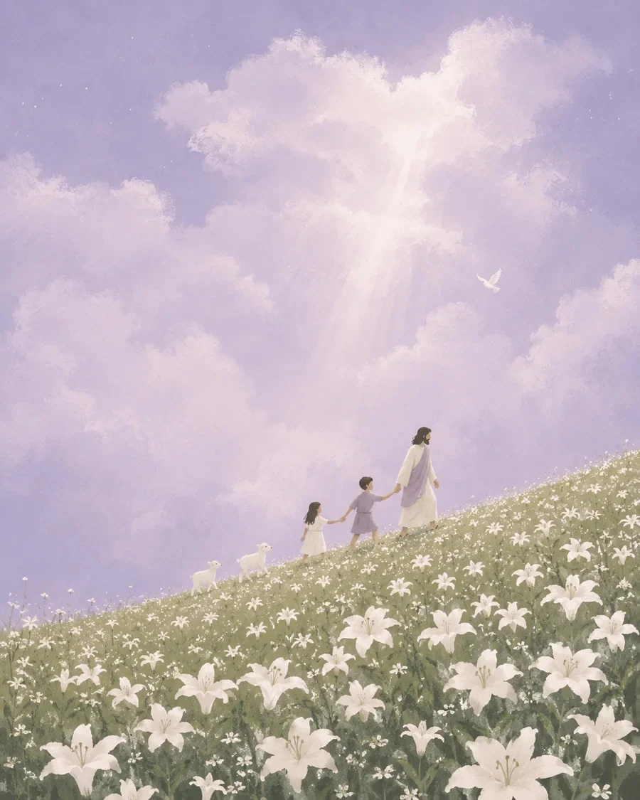 耶稣与孩子穿过百合花田,在柔和光线中安息的插画(系列作品 1)