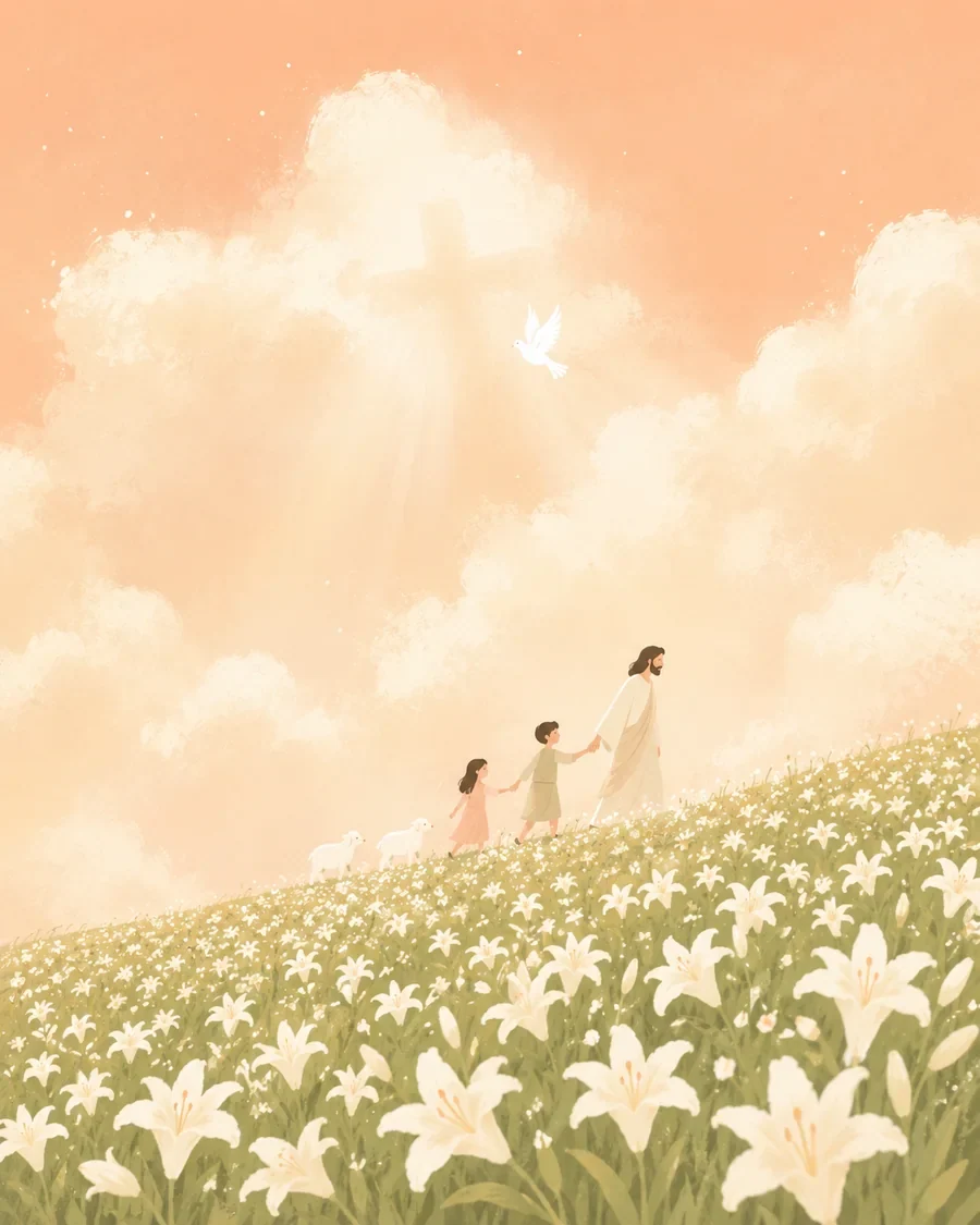 耶稣与孩子穿过百合花田,在柔和光线中安息的插画(系列作品 2)