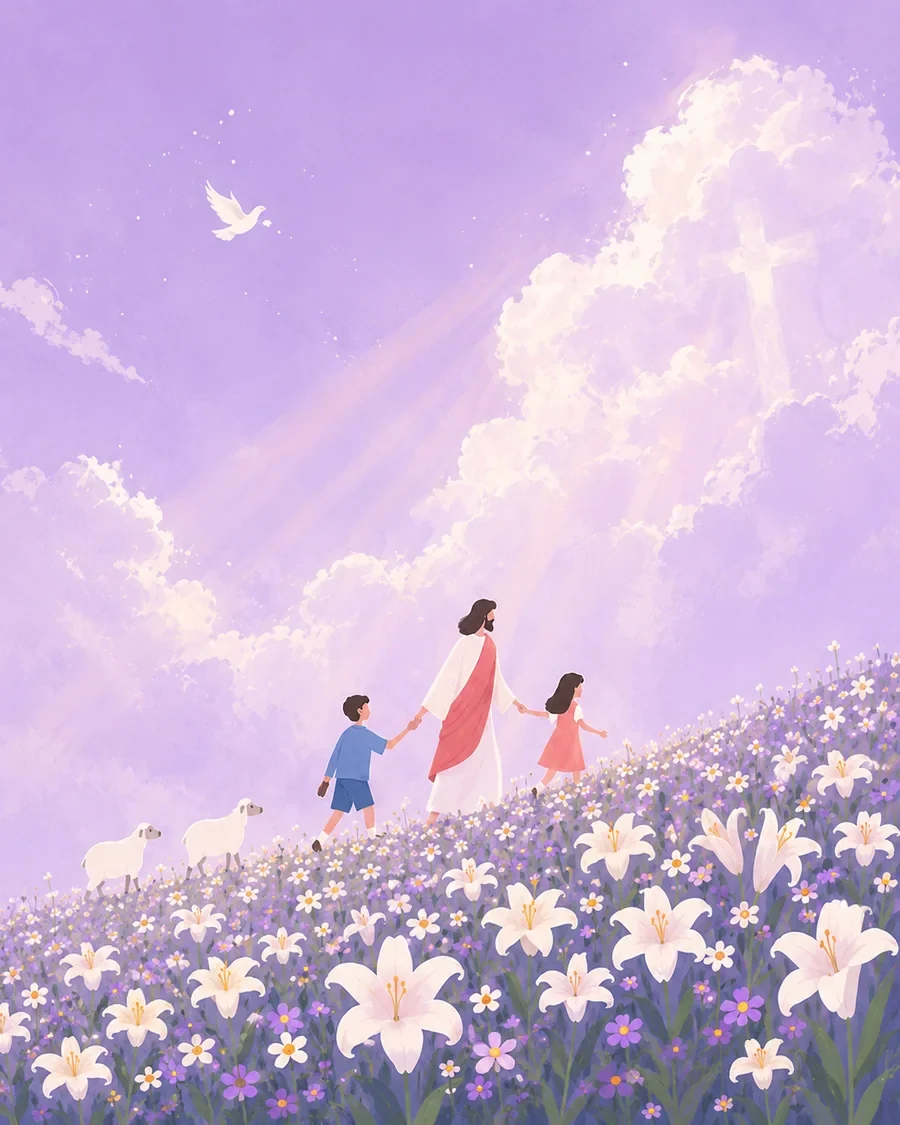 耶稣与孩子穿过百合花田,在柔和光线中安息的插画(系列作品 7)
