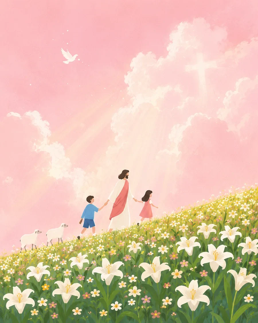 耶稣与孩子穿过百合花田,在柔和光线中安息的插画(系列作品 4)