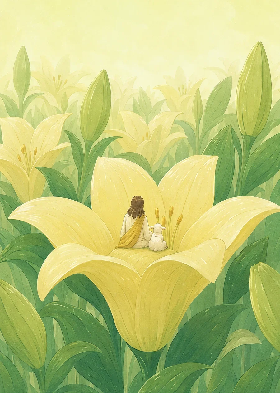 耶稣与孩子穿过百合花田,在柔和光线中安息的插画(系列作品 11)