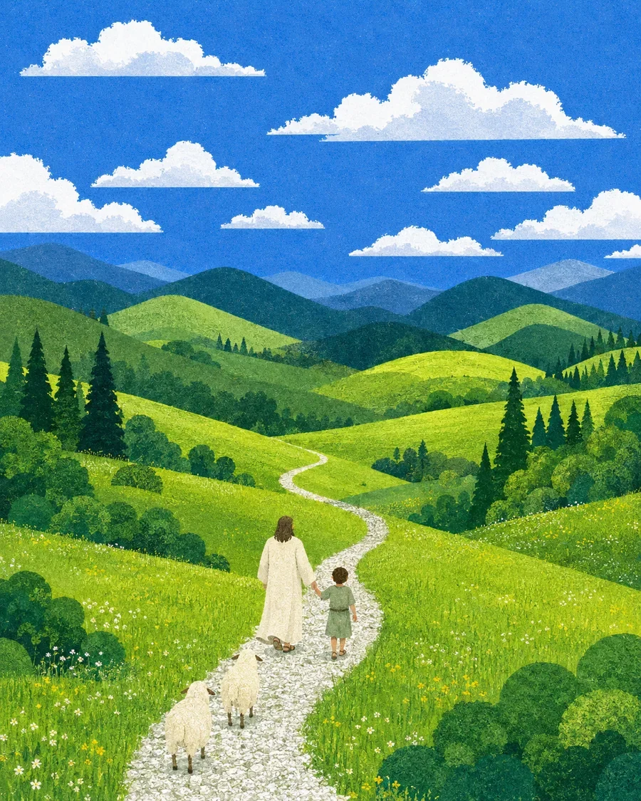 耶稣牵着孩子,在湖畔、山谷与树林间带领羊群同行的插画(系列作品 27)