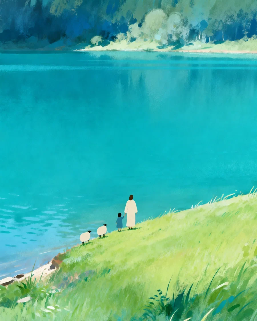 耶稣牵着孩子,在湖畔、山谷与树林间带领羊群同行的插画(系列作品 8)