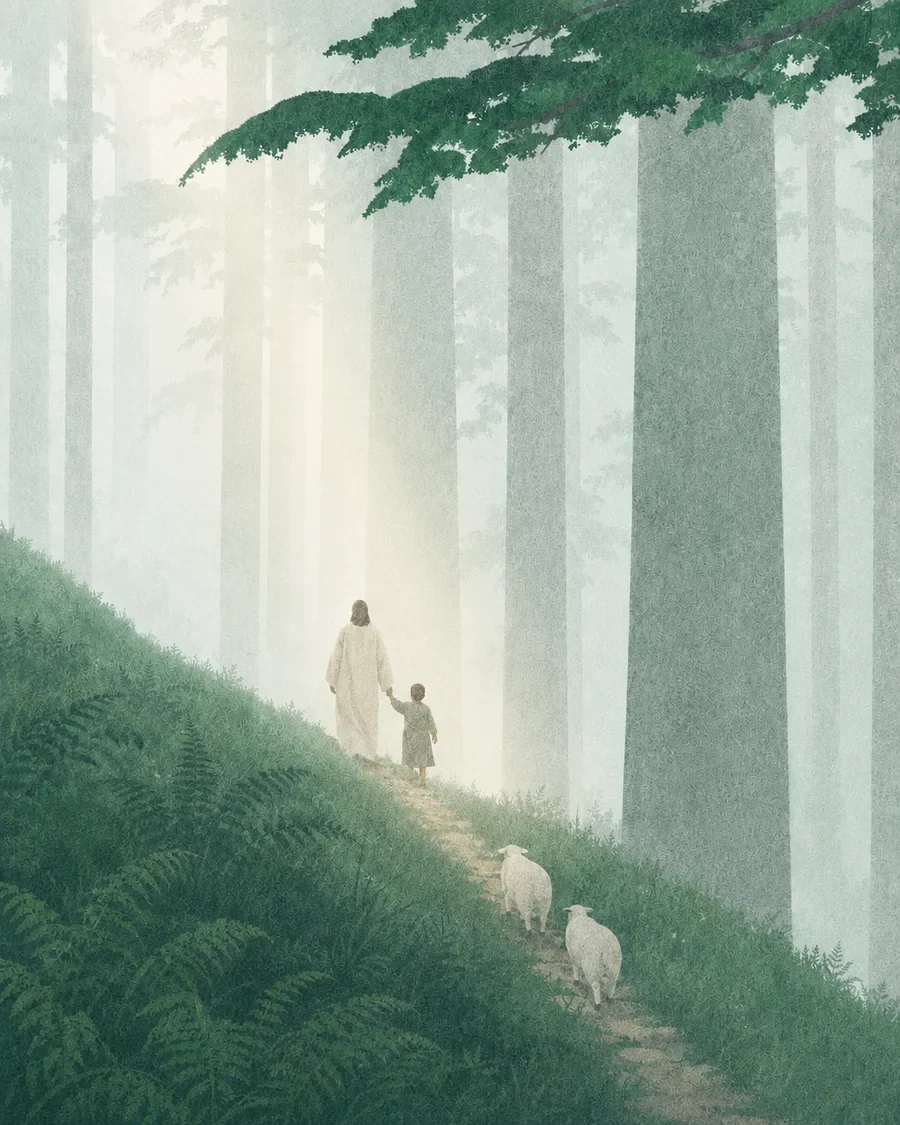 耶稣牵着孩子,在湖畔、山谷与树林间带领羊群同行的插画(系列作品 33)