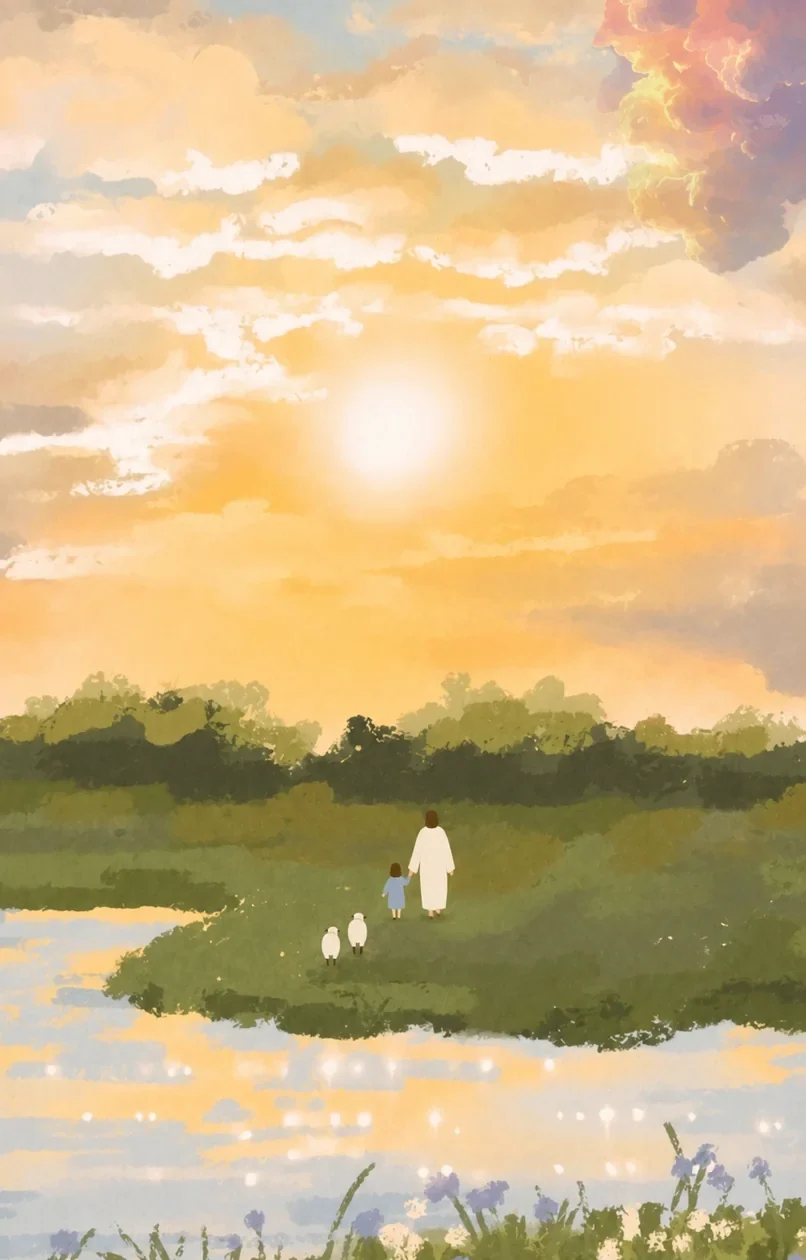 耶稣牵着孩子,在湖畔、山谷与树林间带领羊群同行的插画(系列作品 15)
