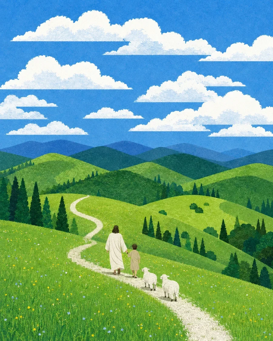 耶稣牵着孩子,在湖畔、山谷与树林间带领羊群同行的插画(系列作品 29)