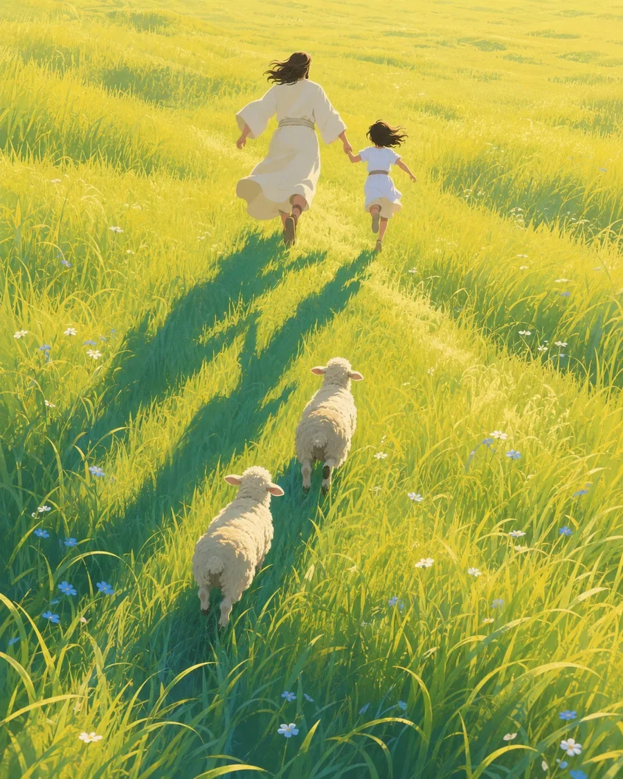耶稣牵着孩子,在湖畔、山谷与树林间带领羊群同行的插画(系列作品 2)