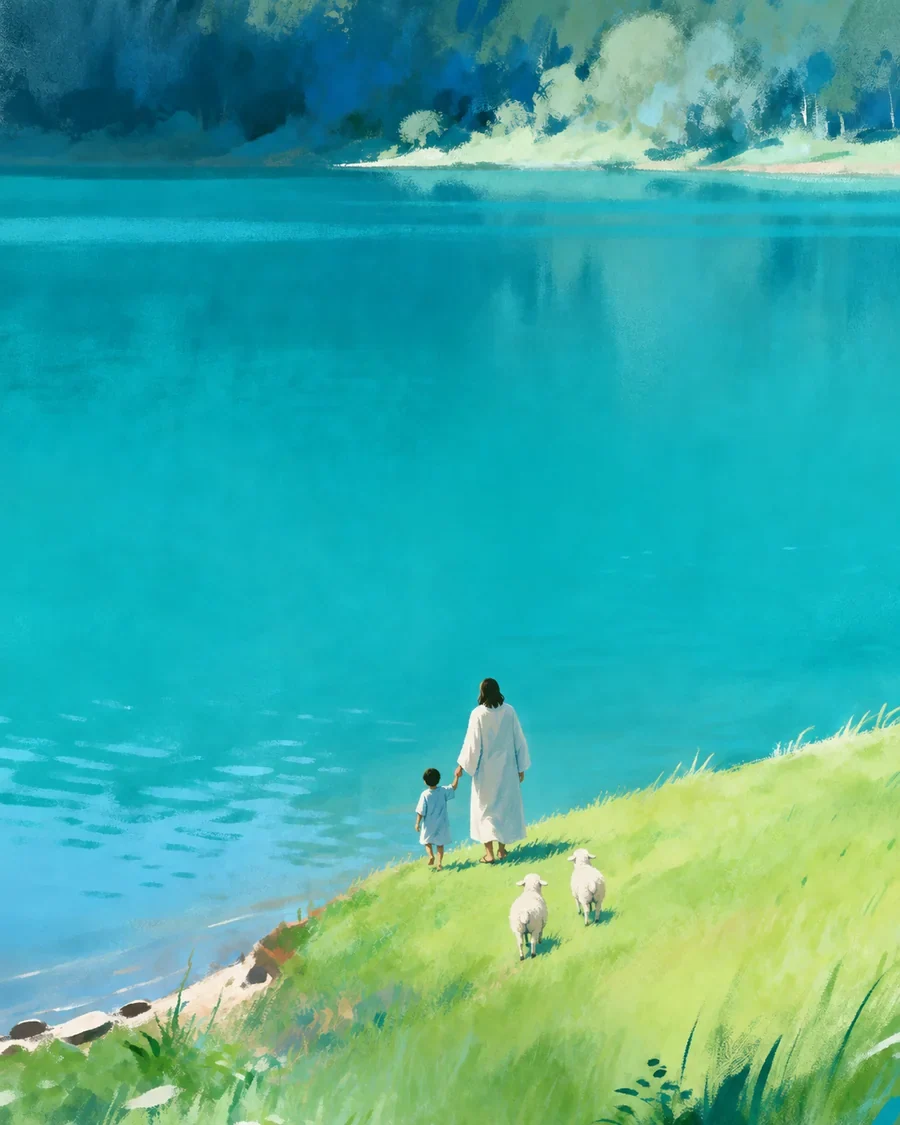 耶稣牵着孩子,在湖畔、山谷与树林间带领羊群同行的插画(系列作品 3)
