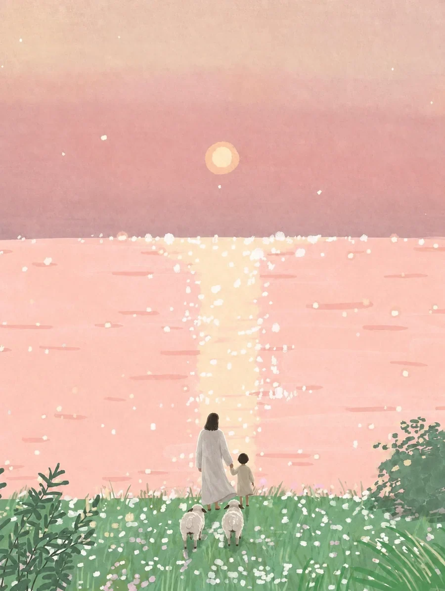 耶稣牵着孩子,在湖畔、山谷与树林间带领羊群同行的插画(系列作品 7)
