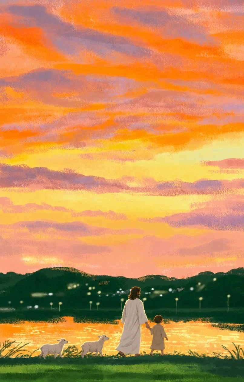 耶稣牵着孩子,在湖畔、山谷与树林间带领羊群同行的插画(系列作品 4)