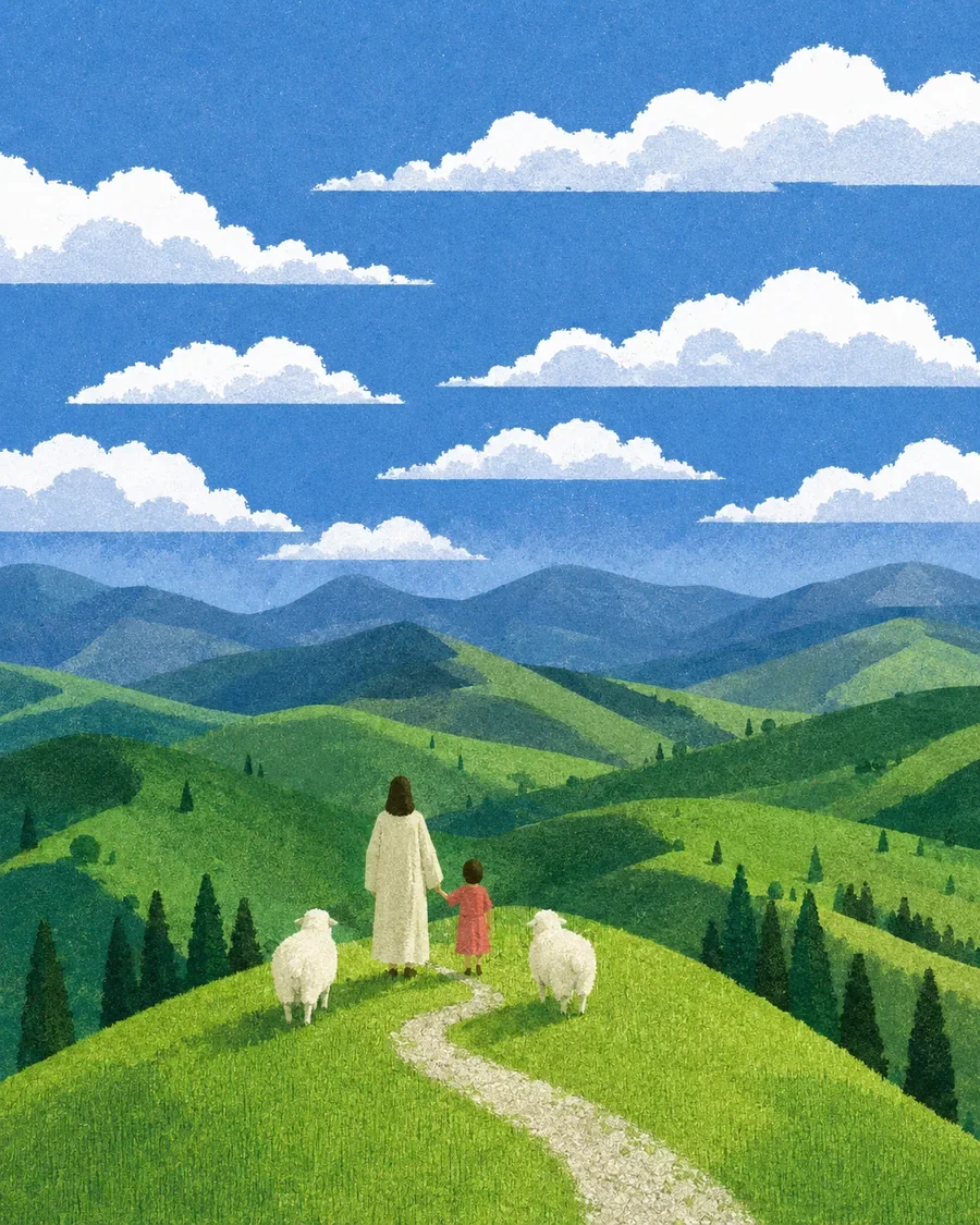 耶稣牵着孩子,在湖畔、山谷与树林间带领羊群同行的插画(系列作品 28)