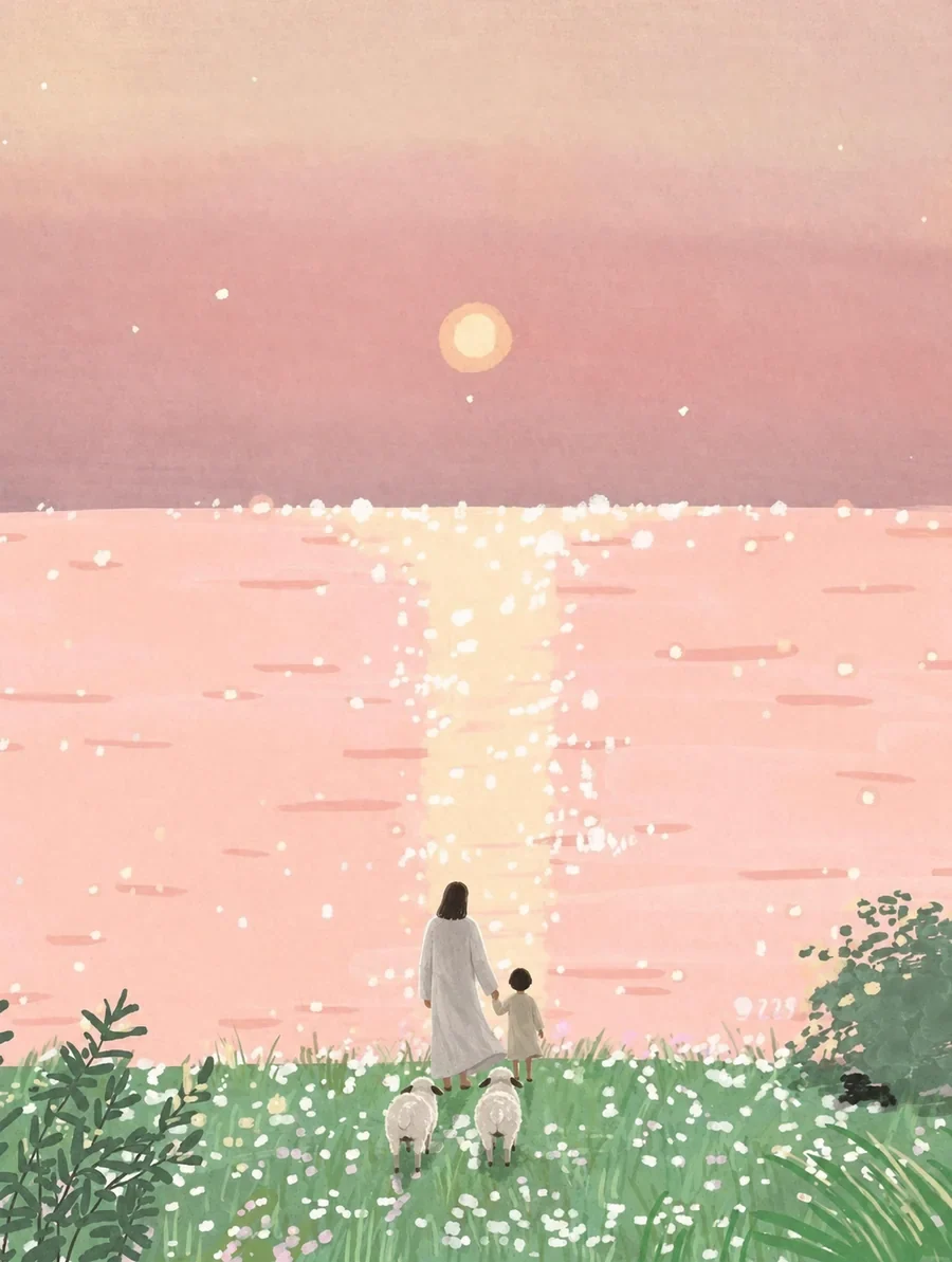 耶稣牵着孩子,在湖畔、山谷与树林间带领羊群同行的插画(系列作品 1)