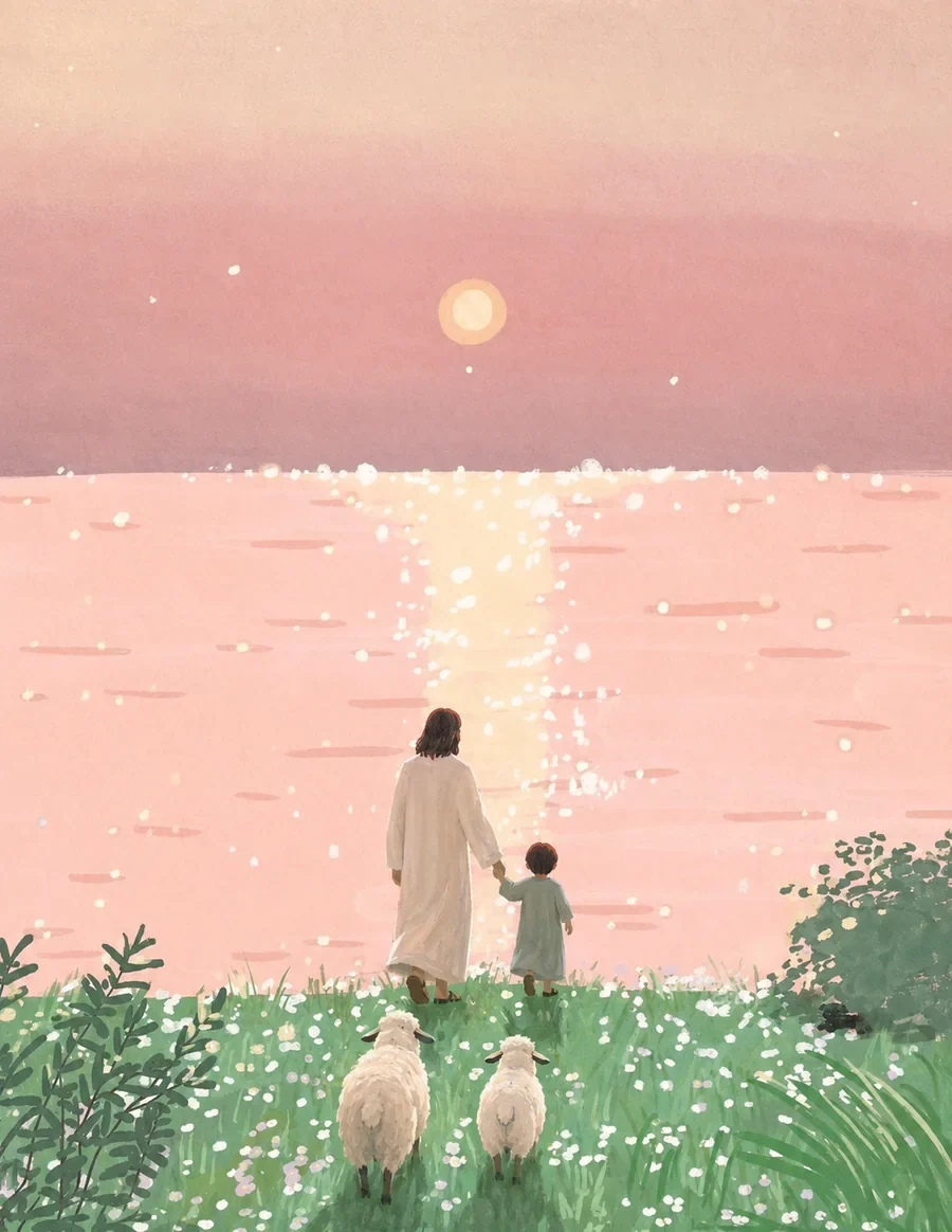 耶稣牵着孩子,在湖畔、山谷与树林间带领羊群同行的插画(系列作品 10)