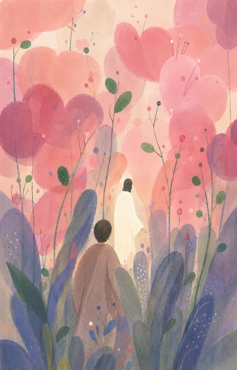 耶稣牵着孩子,在湖畔、山谷与树林间带领羊群同行的插画(系列作品 43)