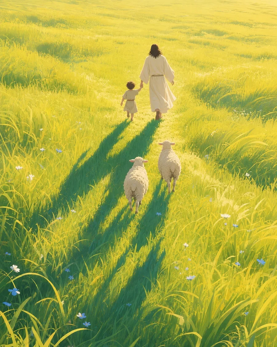 耶稣牵着孩子,在湖畔、山谷与树林间带领羊群同行的插画(系列作品 11)