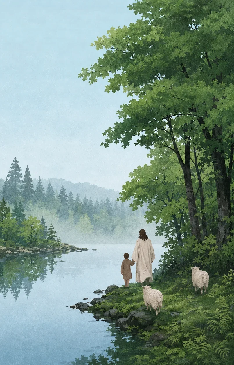 耶稣牵着孩子,在湖畔、山谷与树林间带领羊群同行的插画(系列作品 34)