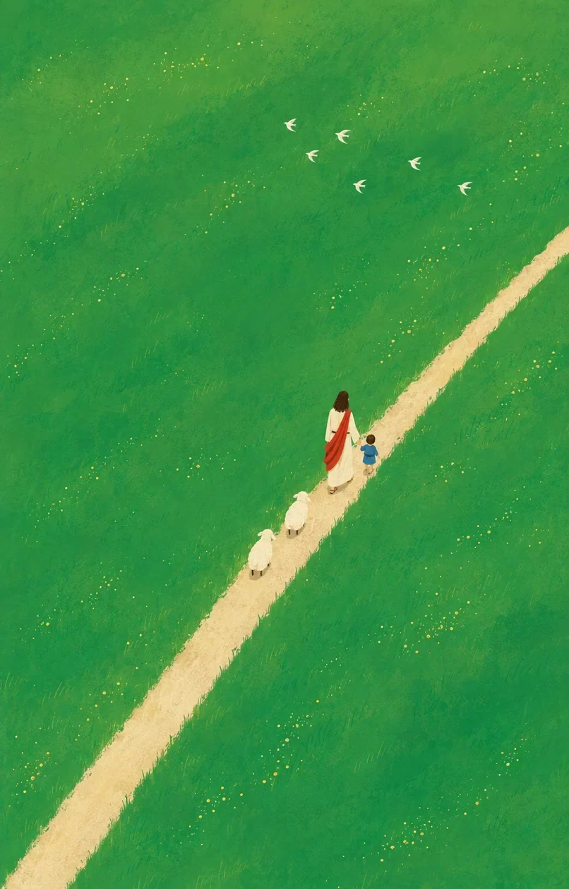 耶稣牵着孩子,在湖畔、山谷与树林间带领羊群同行的插画(系列作品 18)