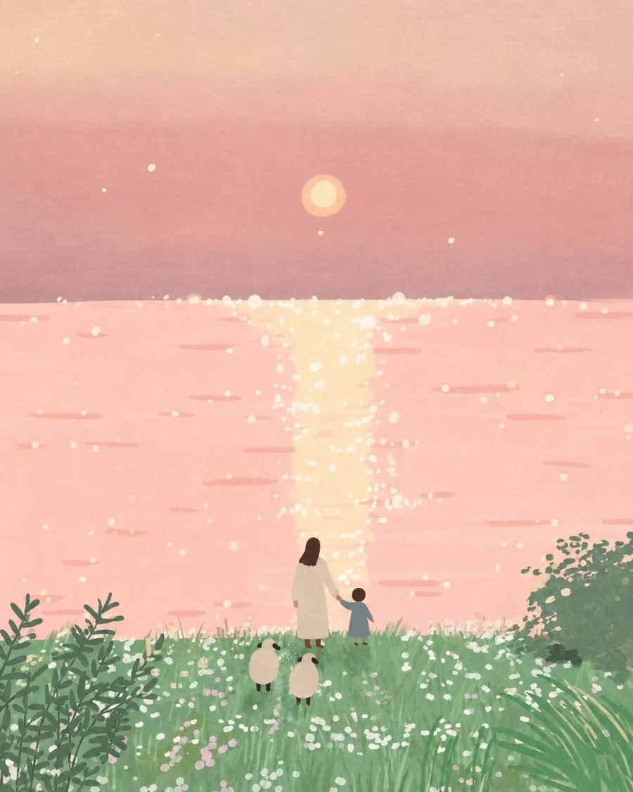 耶稣牵着孩子,在湖畔、山谷与树林间带领羊群同行的插画(系列作品 13)