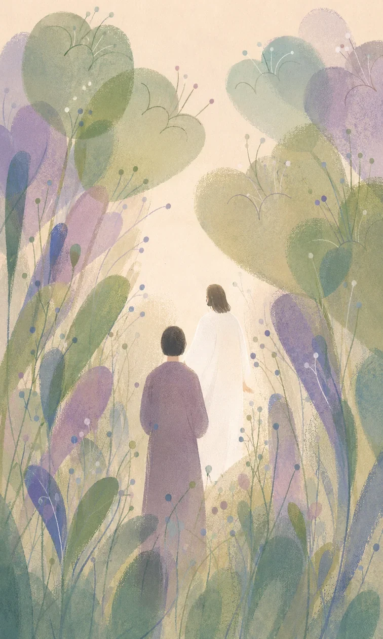 耶稣牵着孩子,在湖畔、山谷与树林间带领羊群同行的插画(系列作品 41)
