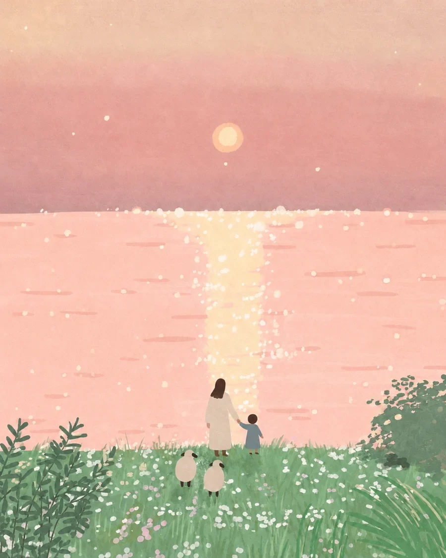耶稣牵着孩子,在湖畔、山谷与树林间带领羊群同行的插画(系列作品 17)