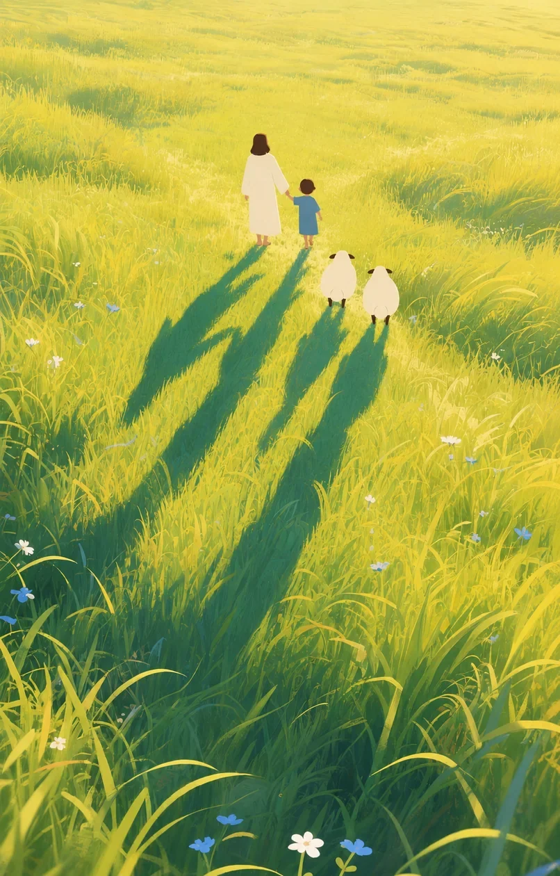 耶稣牵着孩子,在湖畔、山谷与树林间带领羊群同行的插画(系列作品 16)
